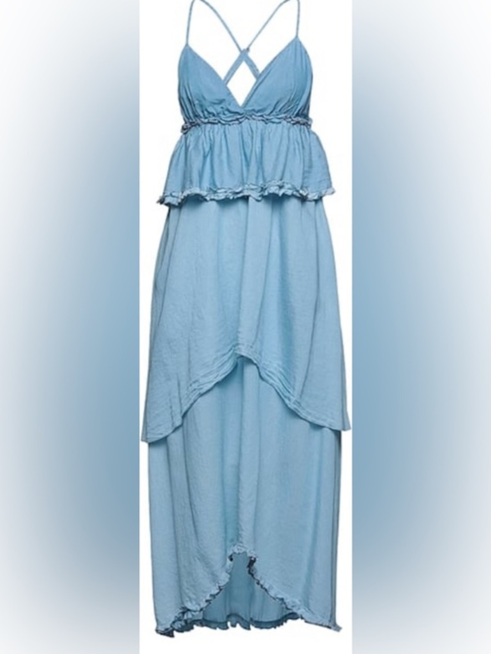 Pinko Light Blue Tiered Breezy Maxi Dress with Crisscross Back: Size 6 (IT 42)
